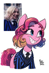 Size: 900x1334 | Tagged: safe, artist:fanzeem, imported from derpibooru, pinkie pie, earth pony, human, pony, alternate hairstyle, clothes, enid sinclair, grin, necktie, parody, ponified, simple background, smiling, solo, suit, vest, wednesday (series), white background