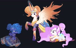 Size: 6398x4065 | Tagged: safe, artist:duchesspheonixglow, imported from derpibooru, princess celestia, princess luna, oc, oc:elysia, oc:queen galaxia, alicorn, alicorn oc, black background, celestia and luna's mother, clothes, dress, female, filly, filly celestia, filly luna, foal, gala dress, glowing, glowing horn, grin, horn, magic, pink-mane celestia, raised hoof, simple background, smiling, telekinesis, unamused, wings, young celestia, young luna, younger