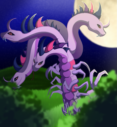 Size: 597x653 | Tagged: safe, artist:brybrychan, imported from derpibooru, twilight sparkle, centipede, hybrid, hydra, full moon, grimdark description, monster, moon, multiple heads, multiple limbs, night, outdoors, solo, species swap, story included, transformation