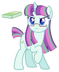 Size: 954x1157 | Tagged: safe, artist:lanternik, imported from derpibooru, oc, oc only, pony, unicorn, base used, book, eyelashes, female, frown, glasses, horn, magical lesbian spawn, mare, offspring, parent:blossomforth, parent:moondancer, raised hoof, simple background, solo, transparent background, unicorn oc