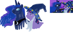 Size: 1280x571 | Tagged: safe, artist:lanternik, edit, imported from derpibooru, screencap, princess luna, twilight sparkle, alicorn, pony, unicorn, luna eclipsed, crown, deviantart watermark, female, jewelry, mare, obtrusive watermark, peytral, regalia, screencap reference, simple background, star swirl the bearded costume, unicorn twilight, watermark, white background