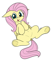 Size: 1699x1932 | Tagged: safe, artist:wapamario63, imported from ponybooru, fluttershy, pegasus, pony, belly button, colored, cute, dock, ears, female, flat colors, floppy ears, imminent belly rub, looking at you, lying down, mare, on back, open mouth, shyabetes, simple background, solo, transparent background, underhoof, wings