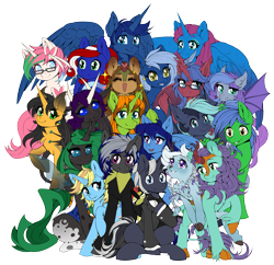 Size: 4261x4124 | Tagged: safe, artist:st. oni, imported from derpibooru, oc, oc only, oc:anima, oc:arc pyre, oc:coco chaude, oc:frostfall, oc:helium star, oc:lady foxtrot, oc:liondrome, oc:ryonia coruscare, oc:searing cold, oc:silver wing (batpony), oc:skitty, oc:skydreams, oc:sparky showers, oc:star thistle, oc:starveon, oc:staticspark, oc:stormy skies, oc:way right, alicorn, bat pony, changeling, deer, earth pony, goo, goo pony, kirin, original species, pegasus, pony, unicorn, derpibooru community collaboration, 2023 community collab, clothes, colored, cucumber, flat colors, food, horns, looking at you, simple background, sitting, smiling, spread wings, suit, transparent background, waving, wings