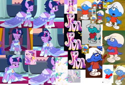 Size: 1206x825 | Tagged: safe, imported from twibooru, applejack, firefly, fluttershy, pinkie pie, princess cadance, princess celestia, princess luna, rainbow dash, rarity, boots, clothes, coronation, coronation dress, dress, hoof shoes, image, my little pony, png, pr, princess twiwlight sparkle, shoes, slouchly smurfling, smurfling, the smurfs