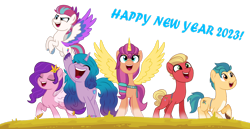 Size: 1920x988 | Tagged: safe, artist:rozyfly10, imported from derpibooru, hitch trailblazer, izzy moonbow, pipp petals, sprout cloverleaf, sunny starscout, zipp storm, alicorn, earth pony, pegasus, pony, unicorn, base used, female, g5, happy new year, holiday, male, mane five (g5), mare, my little pony: a new generation, new mane six (g5), simple background, smiling, stallion, text