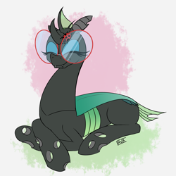 Size: 4000x4000 | Tagged: safe, artist:evan555alpha, imported from ponybooru, oc, oc only, oc:yvette (evan555alpha), changeling, insect, ladybug, broach, catloaf, changeling oc, colored sketch, content, crossed hooves, dorsal fin, evan's daily buggo ii, eyes closed, eyeshadow, fangs, female, glasses, happy, makeup, prone, resting, round glasses, signature, simple background, sitting, sketch, smiling, solo, white background