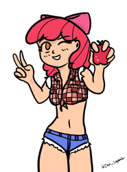 Size: 1077x1456 | Tagged: safe, artist:zan logemlor, apple bloom, human, clothes, daisy dukes, flannel, humanized, peace sign, shorts, simple background, smiling, solo, white background