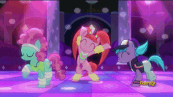 Size: 960x540 | Tagged: safe, edit, edited screencap, editor:undeadponysoldier, imported from ponybooru, screencap, azure velour, flashdancer, pacific glow, animated, cute, dance floor, dancing, disco ball, discovery family logo, edited gif, happy, hooves up, sped up, swaying hips, tail whip, tap dancing