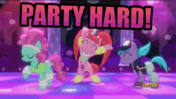 Size: 960x540 | Tagged: safe, edit, edited screencap, editor:undeadponysoldier, imported from ponybooru, screencap, azure velour, flashdancer, pacific glow, earth pony, pony, animated, dance floor, dancing, disco ball, edited gif, female, low effort caption, mare, meme, party hard, swaying hips, tail whip, tap dancing