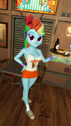 Size: 1080x1920 | Tagged: safe, artist:oatmeal!, imported from derpibooru, rainbow dash, human, equestria girls, 3d, alcohol, bare shoulders, beer, breasts, burger, busty rainbow dash, cleavage, clothes, food, gmod, grin, hand on hip, hooters, legs together, looking at you, restaurant, sexy, smiling, socks, solo, waitress