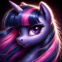 Size: 1024x1024 | Tagged: safe, imported from derpibooru, twilight sparkle, pony, unicorn, ai content, ai generated, bust, female, fluffy, fur, generator:dall-e 3, looking at you, mare, realistic, solo