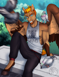 Size: 2550x3300 | Tagged: safe, artist:askbubblelee, imported from derpibooru, oc, oc only, oc:singe, anthro, bird, pegasus, pigeon, unguligrade anthro, anthro oc, bench, digital art, facial hair, freckles, goatee, looking at you, male, pegasus oc, sitting, solo, stallion, sweat, wings, workout outfit