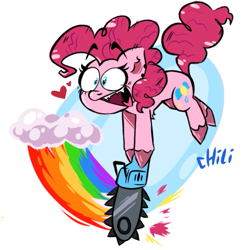 Size: 541x559 | Tagged: safe, imported from derpibooru, pinkie pie, chainsaw, lesbian ponies with weapons, rainbow, smiling