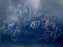 Size: 2048x1536 | Tagged: safe, artist:metaruscarlet, imported from derpibooru, pinkie pie, rarity, twilight sparkle, earth pony, pony, unicorn, chalkboard, doodle, looking at you, open mouth, traditional art, unicorn twilight