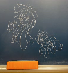 Size: 3024x3291 | Tagged: safe, artist:metaruscarlet, imported from derpibooru, applejack, pinkie pie, earth pony, pony, applejack's hat, chalkboard, cowboy hat, doodle, hat, japanese, looking at you, traditional art