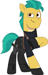 Size: 869x1337 | Tagged: safe, artist:edy_january, artist:prixy05, edit, imported from derpibooru, vector edit, hitch trailblazer, earth pony, pony, belt, black pants, boots, clothes, combat knife, equipment, fixed, g5, gloves, gun, handgun, knife, leon s. kennedy, my little pony: tell your tale, pistol, resident evil, resident evil 4, resident evil 4 remake, sg-09, shirt, shoes, simple background, solo, tactical, transparent background, usp, usp9, vector, weapon