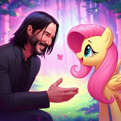 Size: 680x680 | Tagged: dead source, safe, imported from twibooru, fluttershy, butterfly, human, insect, pegasus, pony, ai content, black shirt, black tie, clothes, cute, forest, holding out hand, image, john wick, keanu reeves, needs more jpeg, smiling, suit, tree