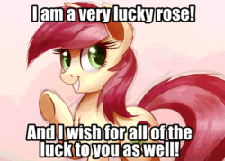 Size: 960x689 | Tagged: safe, artist:ncmares, edit, editor:undeadponysoldier, imported from ponybooru, roseluck, earth pony, pony, compliment, cute, female, grin, happy, looking at you, mare, meme, name pun, quote, rosabetes, smiling, talking to viewer, text, waving