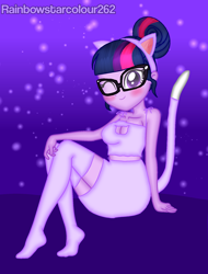 Size: 1532x2016 | Tagged: safe, artist:rainbowstarcolour262, imported from derpibooru, sci-twi, twilight sparkle, cat, human, series:equ shadowcats, equestria girls, alternate versions at source, animal costume, bare shoulders, blushing, boob window, breasts, busty sci-twi, cat costume, cat ears, cat tail, catgirl, cleavage, clothes, costume, crystal prep shadowbolts, cute, female, glasses, gradient background, looking at you, one eye closed, purple eyes, signature, sitting, skirt, sleeveless, socks, solo, stockings, tail, thigh highs, twiabetes, upskirt denied, wink