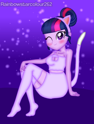 Size: 1532x2016 | Tagged: safe, alternate version, artist:rainbowstarcolour262, imported from derpibooru, sci-twi, twilight sparkle, cat, human, series:equ shadowcats, equestria girls, animal costume, bare shoulders, blushing, boob window, breasts, busty sci-twi, cat costume, cat ears, cat tail, catgirl, cleavage, clothes, costume, crystal prep shadowbolts, cute, female, gradient background, looking at you, missing accessory, no glasses, one eye closed, purple eyes, signature, sitting, skirt, sleeveless, socks, solo, stockings, tail, thigh highs, twiabetes, upskirt denied, wink