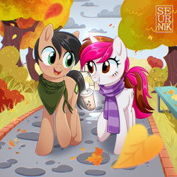 Size: 2548x2548 | Tagged: safe, artist:seurnik, imported from derpibooru, oc, oc only, oc:kosh, oc:vetta, earth pony, pony, unicorn, autumn, bench, clothes, coffee, leaves, looking at each other, looking at someone, scarf, striped scarf