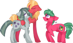 Size: 2816x1652 | Tagged: safe, artist:gallantserver, imported from derpibooru, big macintosh, marble pie, oc, oc:watermelon tourmaline, earth pony, pony, female, male, marblemac, offspring, parent:big macintosh, parent:marble pie, parents:marblemac, shipping, simple background, straight, transparent background