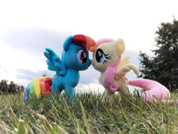 Size: 4096x3072 | Tagged: safe, artist:natsnaps, imported from derpibooru, fluttershy, rainbow dash, pegasus, cloud, cloudy, female, flutterdash, grass, grass field, irl, kiss on the lips, kissing, lesbian, outdoors, photo, plushie, shipping, sky, tree