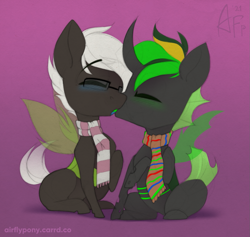Size: 1159x1100 | Tagged: safe, artist:airfly-pony, imported from derpibooru, oc, oc only, oc:emerald ink, oc:jack sunshine, changeling, 2021, blue blush, blushing, changeling oc, chibi, clothes, digital edit, duo, duo male, eyes closed, french kiss, gay, green blush, green changeling, horn, kissing, male, multicolored mane, oc x oc, patreon, patreon reward, scarf, shipping, sitting, traditional art