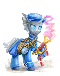 Size: 946x1200 | Tagged: safe, artist:maytee, imported from derpibooru, oc, oc only, changeling, bag, bugle, changeling oc, clothes, musical instrument, saddle bag, simple background, solo, traditional art, uniform, white background