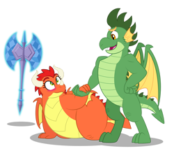 Size: 1600x1383 | Tagged: safe, artist:aleximusprime, imported from derpibooru, oc, oc only, oc:beo tuag, oc:billow the dragon, oc:scorch the dragon, dragon, fanfic:my big fat pink wedding, flurry heart's story, axe, blushing, dragon oc, dragoness, duo, duo male and female, fangs, fat, female, holding hands, looking at each other, looking at someone, love at first sight, male, non-pony oc, oc x oc, open mouth, shipping, shrunken pupils, simple background, standing, straight, transparent background, weapon