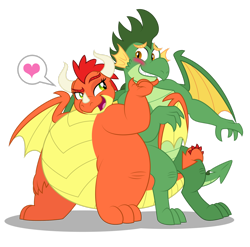 Size: 1600x1578 | Tagged: safe, artist:aleximusprime, imported from derpibooru, oc, oc only, oc:billow the dragon, oc:scorch the dragon, dragon, flurry heart's story, bedroom eyes, blushing, chin scratch, dragon oc, dragoness, duo, duo male and female, fat, female, flirting, grin, heart, hug, looking at each other, looking at someone, male, non-pony oc, oc x oc, open mouth, shipping, simple background, smiling, speech bubble, straight, tail, tail hug, transparent background, winghug, wings
