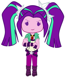 Size: 507x598 | Tagged: safe, artist:icicle-wicicle-1517, artist:kawaiifabyu, color edit, edit, imported from derpibooru, aria blaze, equestria girls, belt, boots, chibi, clothes, colored, crossed arms, denim, female, gem, high heel boots, jeans, pants, picture for breezies, shirt, shoes, simple background, siren gem, smiling, smirk, solo, transparent background, vest, wristband