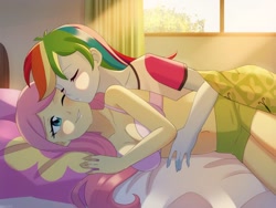 Size: 1000x750 | Tagged: safe, artist:riouku, imported from derpibooru, fluttershy, rainbow dash, human, equestria girls, bed, bed sheets, belly button, blanket, bra, breasts, cleavage, clothes, cute, dashabetes, duo, eyes closed, female, in bed, lesbian, looking up, midriff, morning, pillow, ship:flutterdash, shipping, shirt, short sleeves, shorts, shyabetes, sky, sleeping, smiling, sun, tree, underwear, window