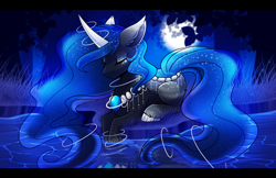 Size: 1900x1230 | Tagged: safe, artist:greenstorm64, imported from derpibooru, oc, oc only, original species, pond pony, pony, blue mane, blue tail, commission, digital art, ethereal mane, ethereal tail, eyes closed, flowing mane, flowing tail, forest, g4, gem, grass, horn, jewelry, lying down, male, moon, necklace, night, pearl necklace, pond, solo, sparkles, stallion, stars, tail, unshorn fetlocks, water