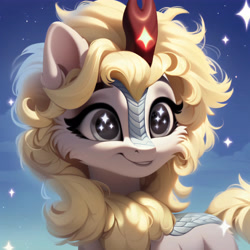 Size: 4096x4096 | Tagged: safe, imported from derpibooru, oc, oc only, oc:sophie hoofington, kirin, ai content, ai generated, female, fluffy, g4, generator:purplesmart.ai, generator:stable diffusion, kirin oc, looking at you, smiling, smiling at you, solo, sparkly eyes, wingding eyes