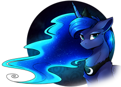 Size: 1746x1252 | Tagged: safe, artist:greenstorm64, imported from derpibooru, princess luna, alicorn, pony, abstract background, blue eyes, blue mane, chest fluff, commission, crown, digital art, ethereal mane, eyelashes, eyeshadow, female, flowing mane, g4, glowing mane, horn, jewelry, looking at you, makeup, mare, night, peytral, regalia, solo, starry mane, stars