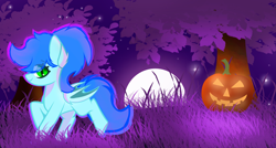 Size: 7709x4119 | Tagged: safe, artist:fededash, imported from derpibooru, oc, oc only, oc:sunrise heaven, bat pony, pony, absurd resolution, halloween, holiday, jack-o-lantern, night, pumpkin, solo, stars, tree