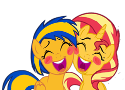 Size: 1280x915 | Tagged: safe, artist:mlpfan3991, imported from derpibooru, sunset shimmer, oc, oc:flare spark, pegasus, pony, unicorn, blushing, eyes closed, female, flareset, lesbian, open mouth, shipping, simple background, singing, smiling, transparent background