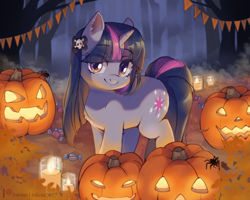 Size: 2500x2000 | Tagged: safe, artist:ponchik_art, imported from derpibooru, twilight sparkle, pony, spider, unicorn, autumn, bow, bush, candle, candy, chest fluff, detailed background, ear fluff, food, forest, hair bow, halloween, holiday, jack-o-lantern, looking at you, pumpkin, skull, solo, sparkles, tree