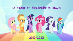 Size: 1600x900 | Tagged: safe, artist:mlpfan3991, edit, edited screencap, imported from derpibooru, screencap, applejack, fluttershy, pinkie pie, rainbow dash, rarity, twilight sparkle, alicorn, earth pony, pegasus, pony, unicorn, all bottled up, best friends until the end of time, female, mane six, mare, mlp fim's thirteenth anniversary, rainbow, twilight sparkle (alicorn)