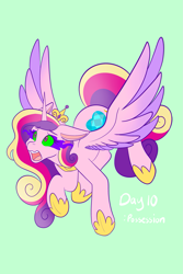 Size: 1365x2048 | Tagged: safe, artist:mscolorsplash, imported from derpibooru, princess cadance, alicorn, pony, female, green background, implied king sombra, mare, open mouth, ponytober, possession, simple background, solo, sombra eyes, spread wings, wings