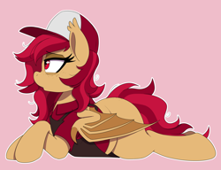 Size: 2600x2000 | Tagged: safe, artist:thebatfang, oc, oc only, oc:swing shift, bat pony, pony, bat pony oc, bat wings, cap, hat, messy mane, red background, sheetz, simple background, solo, the ass was fat, tired, wings