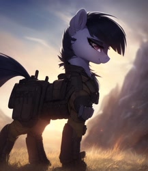 Size: 640x736 | Tagged: safe, imported from derpibooru, earth pony, pony, ai content, ai generated, clothes, cloud, ear fluff, female, grass, looking at you, mare, military, military pony, military uniform, mountain, scenery, sky, solo, uniform