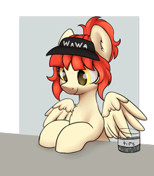 Size: 2107x2410 | Tagged: safe, artist:dumbwoofer, imported from derpibooru, oc, oc only, oc:wah wah, pegasus, pony, chest fluff, ear fluff, female, mare, ponytail, smiling, solo, spread wings, tip jar, visor cap, wings