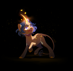 Size: 2700x2600 | Tagged: safe, artist:kraytt-05, imported from derpibooru, oc, oc only, oc:chrisanti, pony, unicorn, black background, colored hooves, curved horn, female, glowing, glowing horn, high res, horn, leonine tail, looking up, mare, open mouth, signature, simple background, solo, stars, tail