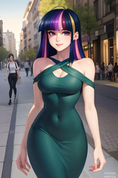 Size: 1024x1536 | Tagged: safe, editor:sammykun, imported from derpibooru, twilight sparkle, human, ai content, ai generated, barcelona, breasts, busty twilight sparkle, city, clothes, dress, europe, female, female focus, humanized, long hair, looking at you, off shoulder, prompter:sammykun, reasonably sized breasts, sky, solo focus, spain, street, tree