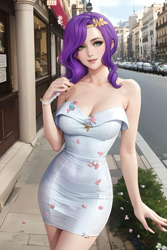 Size: 1024x1536 | Tagged: safe, editor:sammykun, imported from derpibooru, pipp petals, human, ai content, ai generated, barcelona, breasts, busty pipp petals, city, clothes, dress, europe, female, female focus, g5, humanized, long hair, looking at you, my little pony: a new generation, off shoulder, prompter:sammykun, reasonably sized breasts, sky, sleeveless, sleeveless dress, solo, solo focus, spain, strapless, street, tree