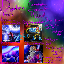 Size: 5800x5800 | Tagged: safe, artist:florarena-kitasatina/dragonborne fox, imported from derpibooru, oc, oc only, oc:crimson flame, goat, turtle, advertisement, background, capricorn, commission info, signature, watermark