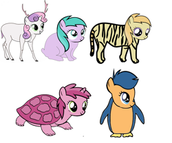 Size: 2048x1700 | Tagged: safe, edit, imported from derpibooru, first base, noi, ruby pinch, sweetie belle, big cat, bird, deer, earth pony, pegasus, penguin, pony, rabbit, tiger, turtle, unicorn, adorabase, animal, aura (g4), aurabetes, cute, diasweetes, female, filly, foal, g4, group, noiabetes, pegasus first base, pinchybetes, quintet, race swap, simple background, smiling, species swap, white background