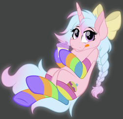 Size: 3859x3730 | Tagged: safe, artist:feather_bloom, imported from derpibooru, oc, oc:cupcake swirl, pony, unicorn, art trade, bow, braid, clothes, cupcake, food, hair bow, simple background, socks, solo, tongue out